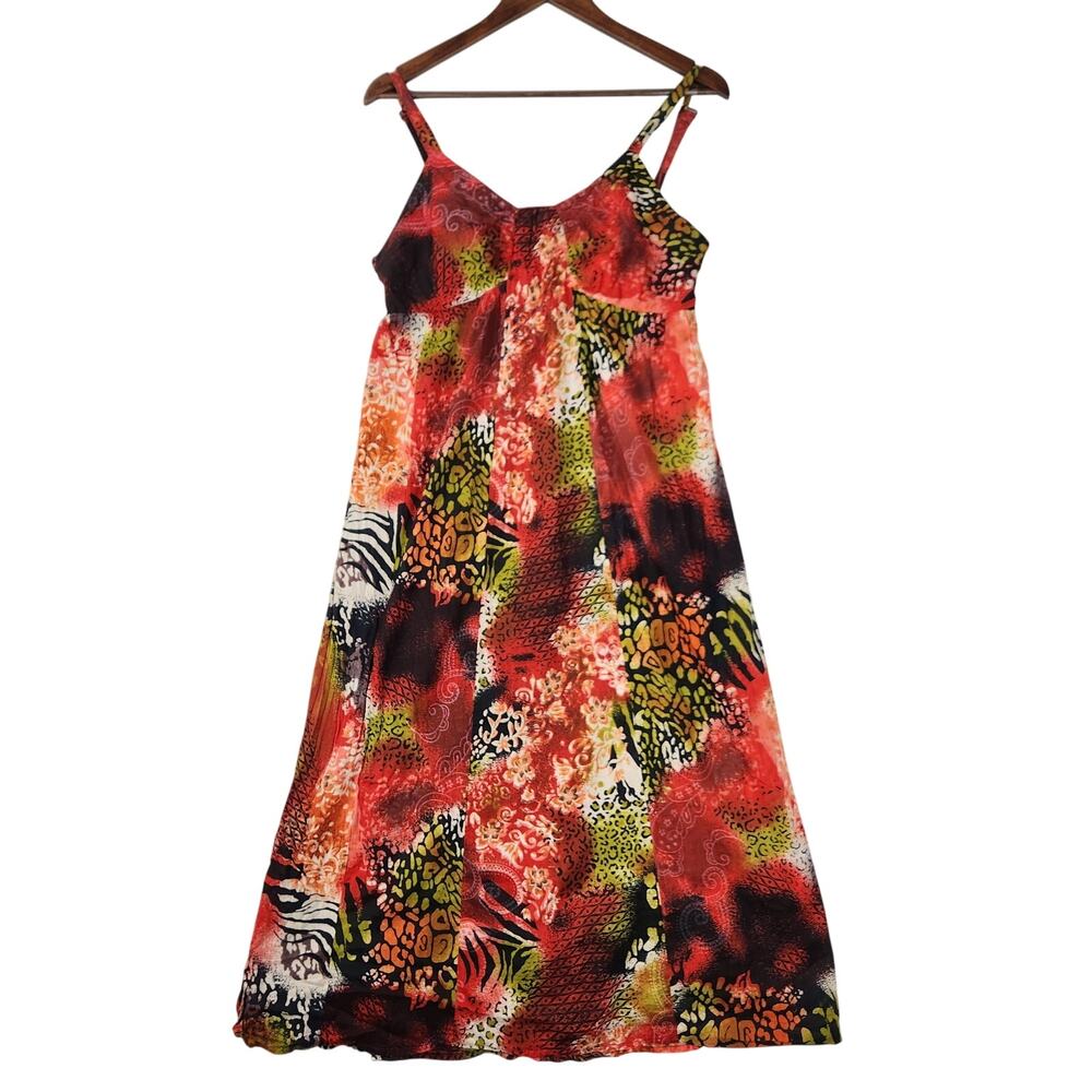 Vasna Desire Womens Spaghetti Strap Babydoll Maxi Dress SZ M Animal Print Boho